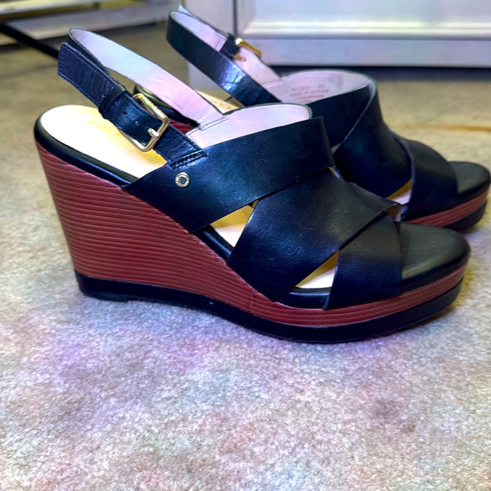 Cole Haan GRANDSERIES Womens Laci Black Platform Wedge Sandals Leather Heels-8